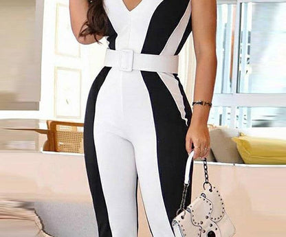 Sexy Jumpsuit Black And White Contrast Color Slim Fit Jumpsuit Women Without Belt - Urban Trend Fashion