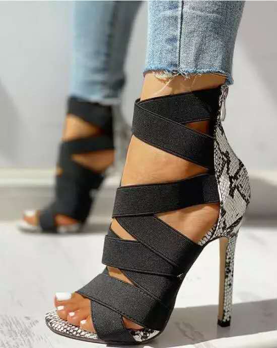 High heels with cross ties snake pattern thin High Heels Sandals - Urban Trend Fashion