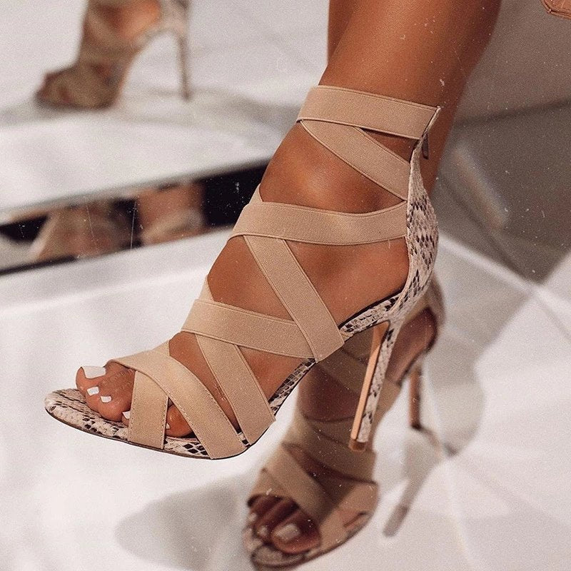 High heels with cross ties snake pattern thin High Heels Sandals - Urban Trend Fashion