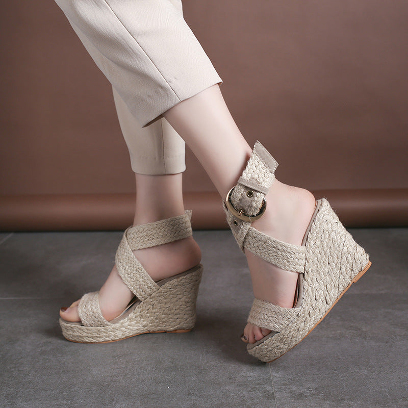 Large Size Wedge Sandals Women's Solid Color Linen High Heels - Urban Trend Fashion