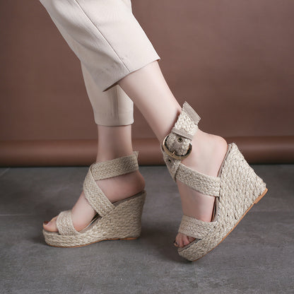 Large Size Wedge Sandals Women's Solid Color Linen High Heels - Urban Trend Fashion