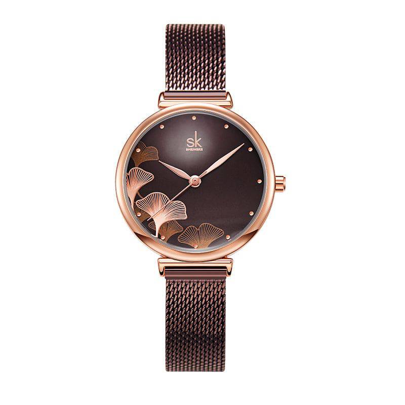 Mesh Belt Ladies Watch Rose Gold Ginkgo Leaf Pattern Female Fashion Waterproof Quartz Watch K0139 - Urban Trend Fashion