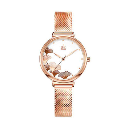 Mesh Belt Ladies Watch Rose Gold Ginkgo Leaf Pattern Female Fashion Waterproof Quartz Watch K0139 - Urban Trend Fashion