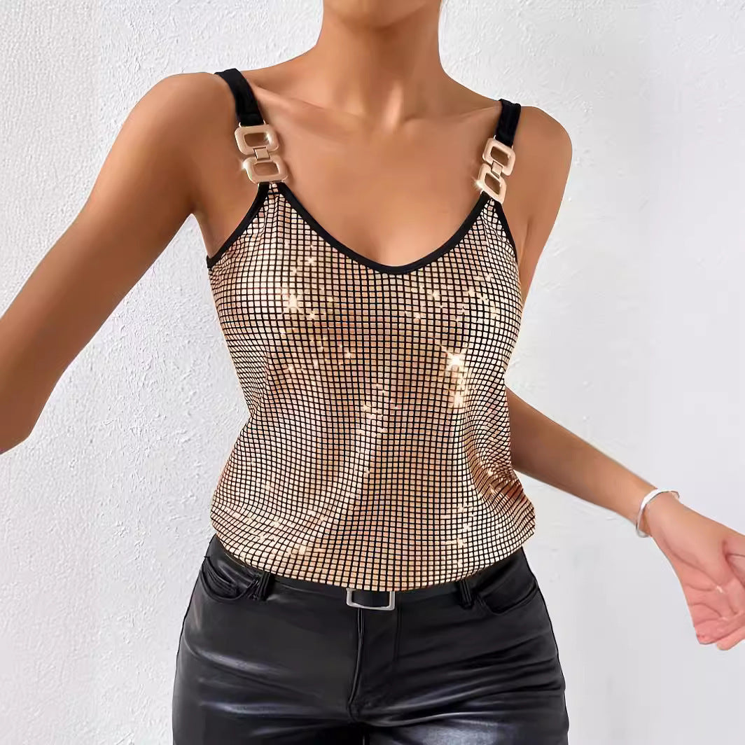 Summer Sequined Suspender Chain Vest Top Women's  Clothing