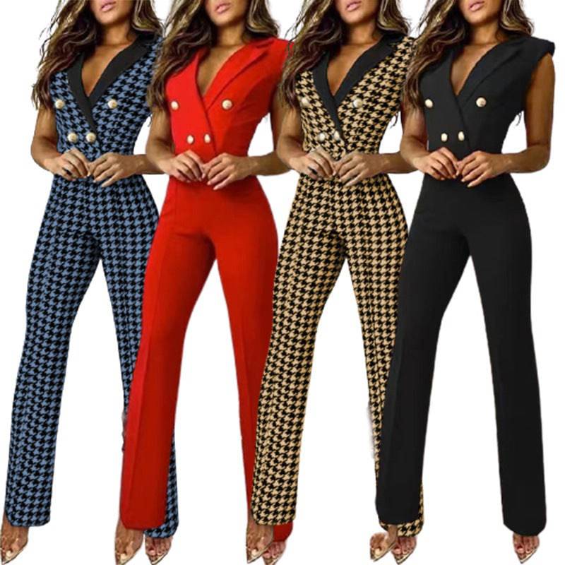 V-neck Houndstooth Jumpsuit Professional Wear Women - Urban Trend Fashion