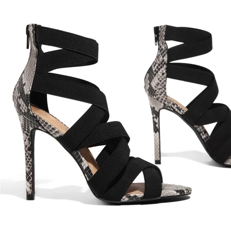 High heels with cross ties snake pattern thin High Heels Sandals - Urban Trend Fashion