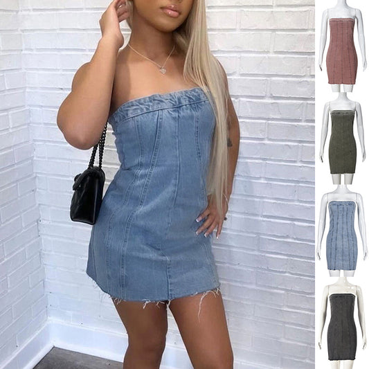 Fashion Backless Tube Denim Dress Summer Sexy Y2K Slim Short Dresses For Women Clothing - Urban Trend Fashion