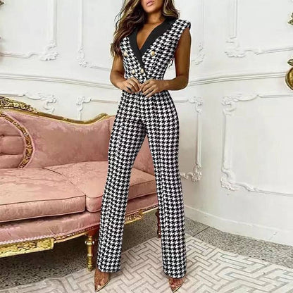 V-neck Houndstooth Jumpsuit Professional Wear Women - Urban Trend Fashion