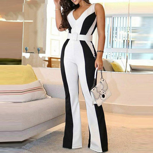 Sexy Jumpsuit Black And White Contrast Color Slim Fit Jumpsuit Women Without Belt - Urban Trend Fashion