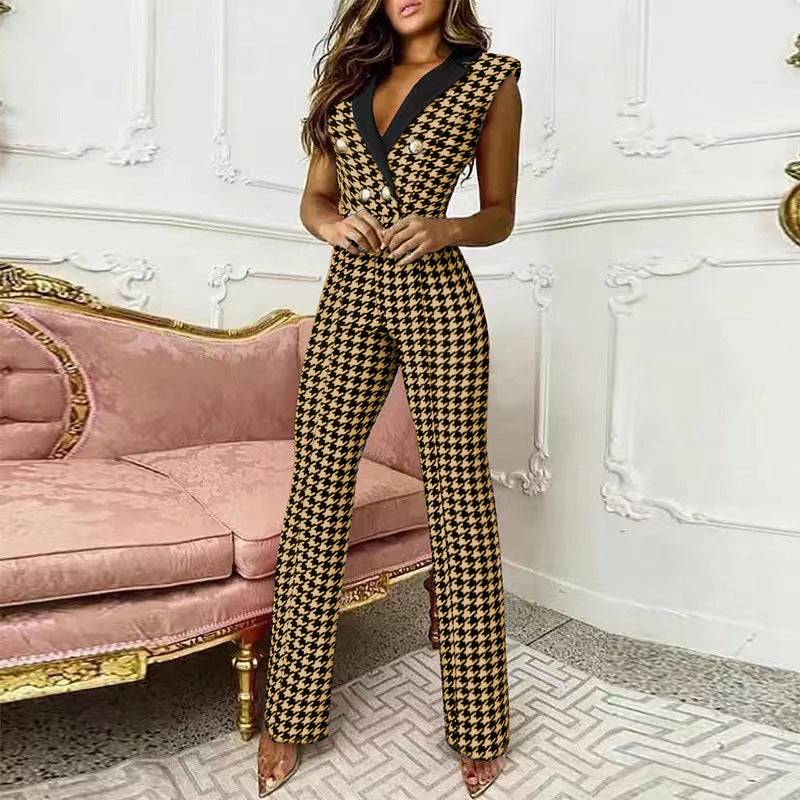 V-neck Houndstooth Jumpsuit Professional Wear Women - Urban Trend Fashion