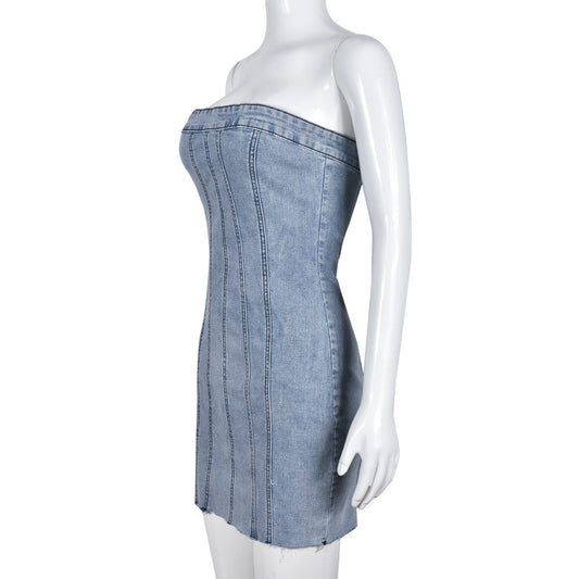 Fashion Backless Tube Denim Dress Summer Sexy Y2K Slim Short Dresses For Women Clothing - Urban Trend Fashion