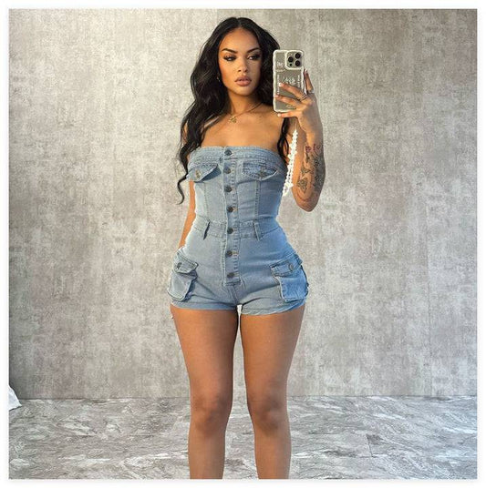 Denim Jumpsuit Tube Top Stretch Women - Urban Trend Fashion