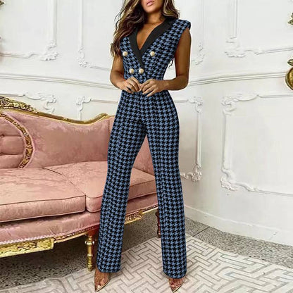 V-neck Houndstooth Jumpsuit Professional Wear Women - Urban Trend Fashion