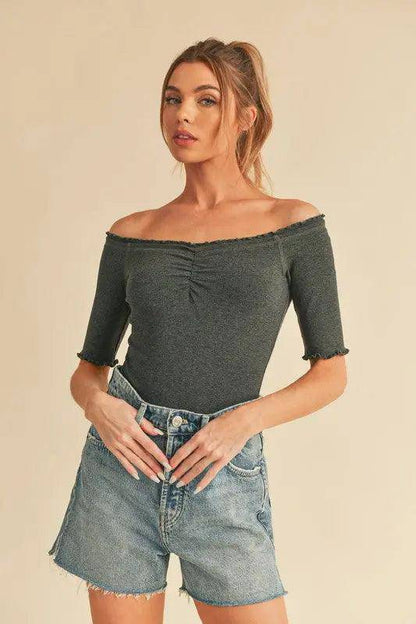 Aemi + Co Ruched Frill Off-Shoulder Half Sleeve Knit Top - Urban Trend Fashion