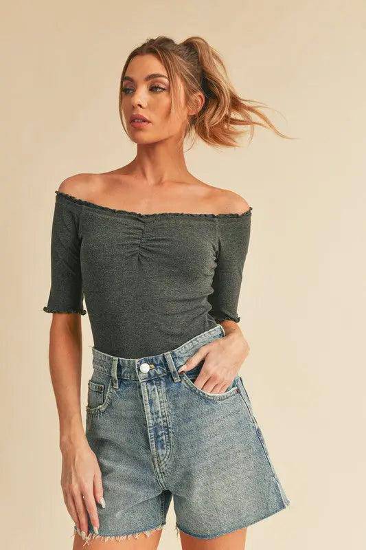 Aemi + Co Ruched Frill Off-Shoulder Half Sleeve Knit Top - Urban Trend Fashion