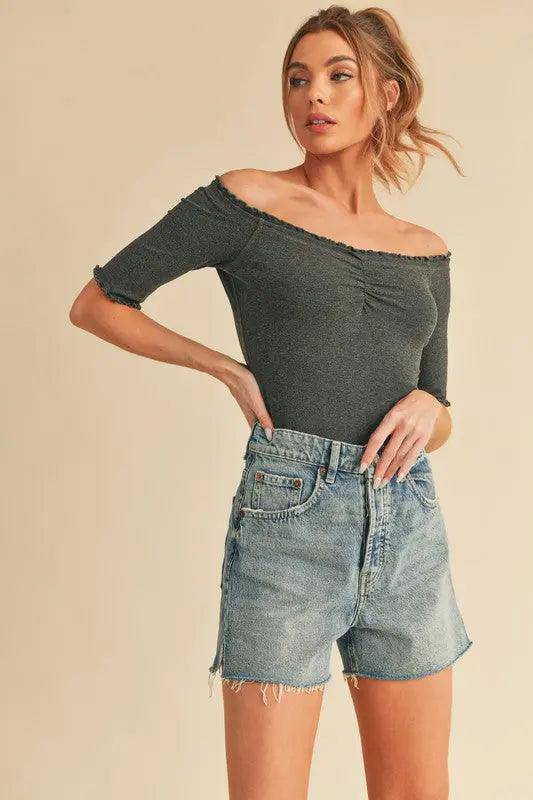 Aemi + Co Ruched Frill Off-Shoulder Half Sleeve Knit Top - Urban Trend Fashion