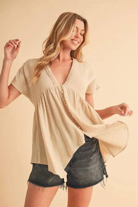 Aemi + Co Tuck Detail V-Neck Short Sleeve Blouse - Urban Trend Fashion