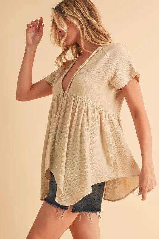 Aemi + Co Tuck Detail V-Neck Short Sleeve Blouse - Urban Trend Fashion