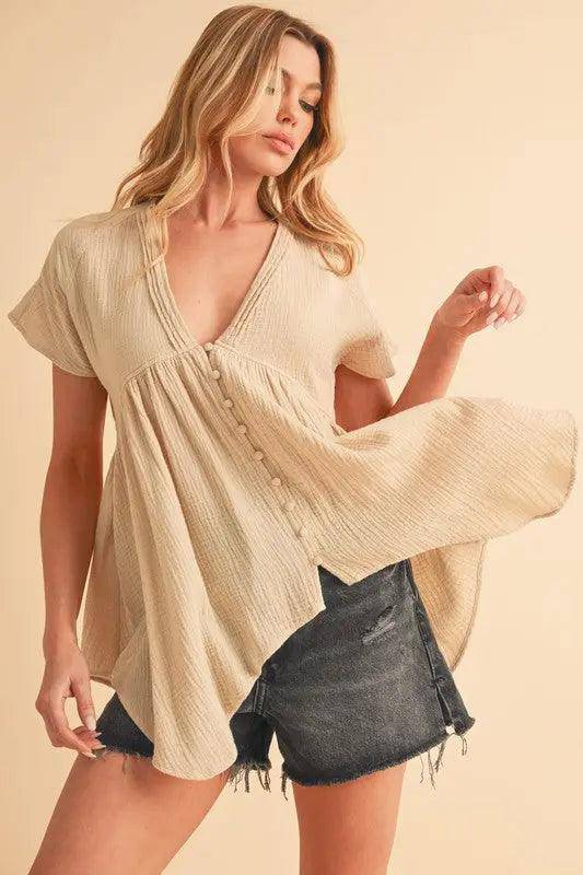 Aemi + Co Tuck Detail V-Neck Short Sleeve Blouse - Urban Trend Fashion