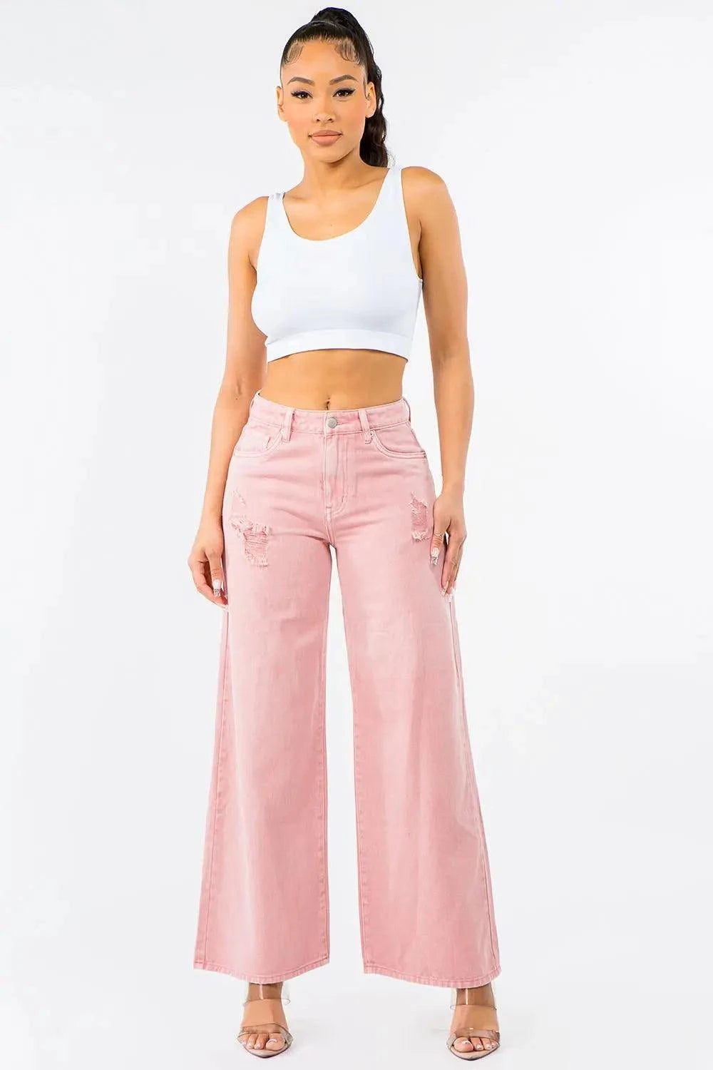 American Bazi High Waist Distressed Wide Leg Jeans - Urban Trend Fashion