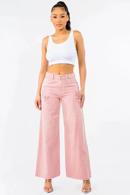 American Bazi High Waist Distressed Wide Leg Jeans - Urban Trend Fashion