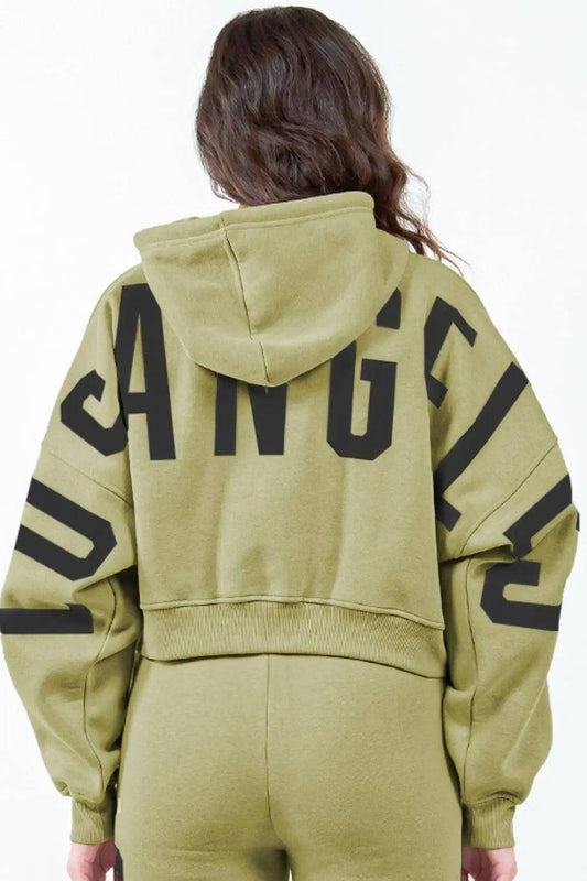 American Bazi Letter Graphic Long Sleeve Drawstring Cropped Hoodie - Urban Trend Fashion