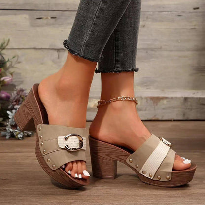 Buckle Trim Block Heel Sandals - Urban Trend Fashion