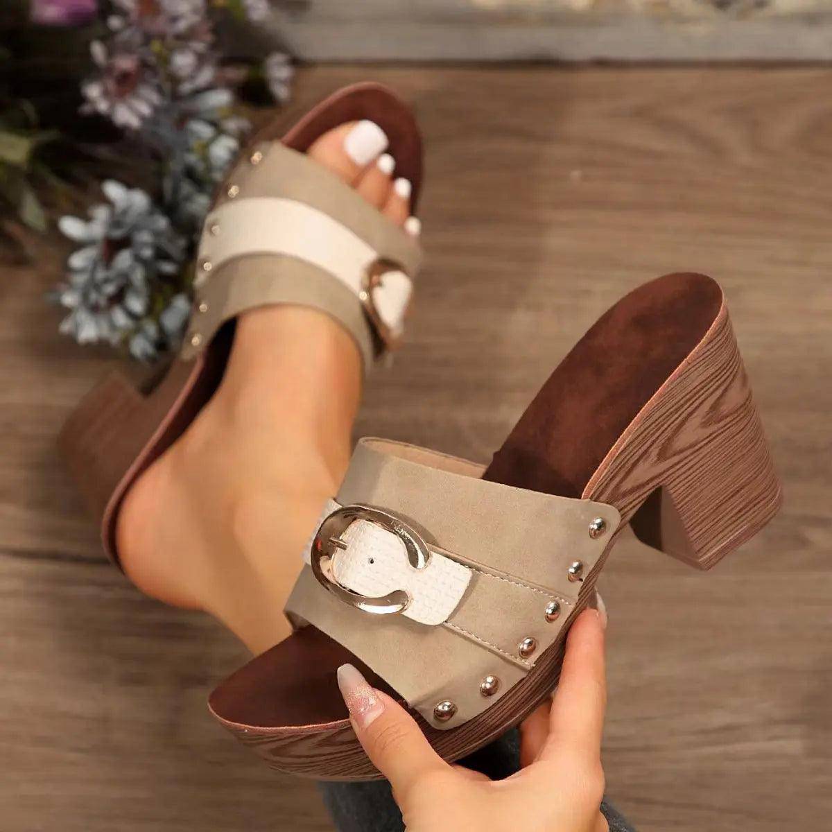 Buckle Trim Block Heel Sandals - Urban Trend Fashion