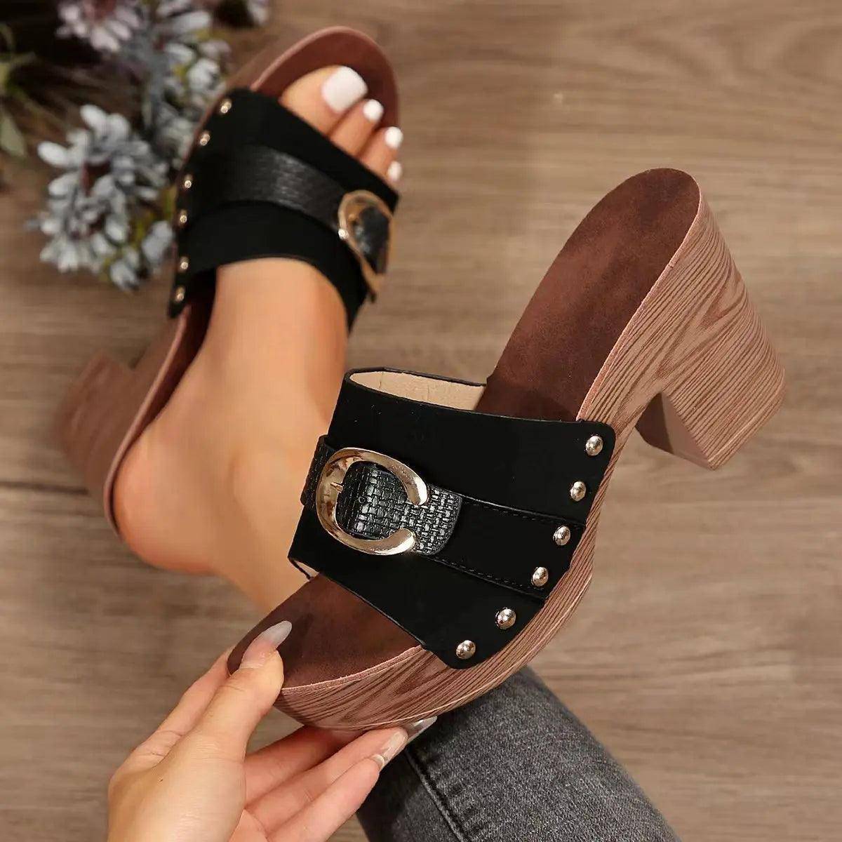 Buckle Trim Block Heel Sandals - Urban Trend Fashion