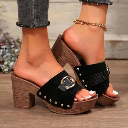 Buckle Trim Block Heel Sandals - Urban Trend Fashion