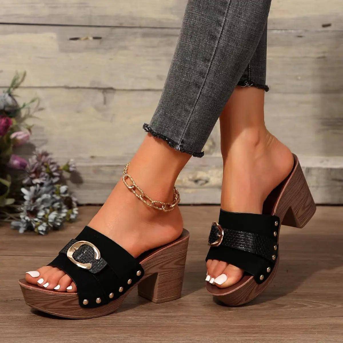 Buckle Trim Block Heel Sandals - Urban Trend Fashion