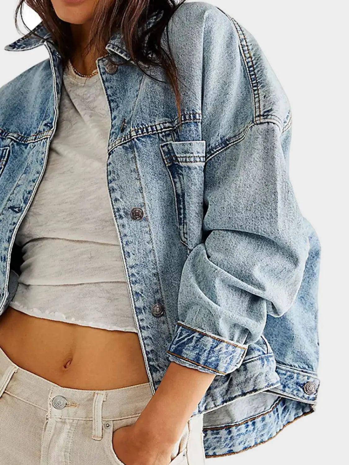 Button Up Long Sleeve Denim Jacket - Urban Trend Fashion