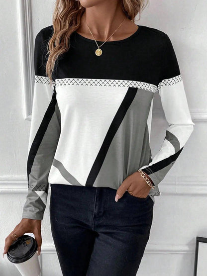 Contrast Round Neck Long Sleeve T-Shirt - Urban Trend Fashion