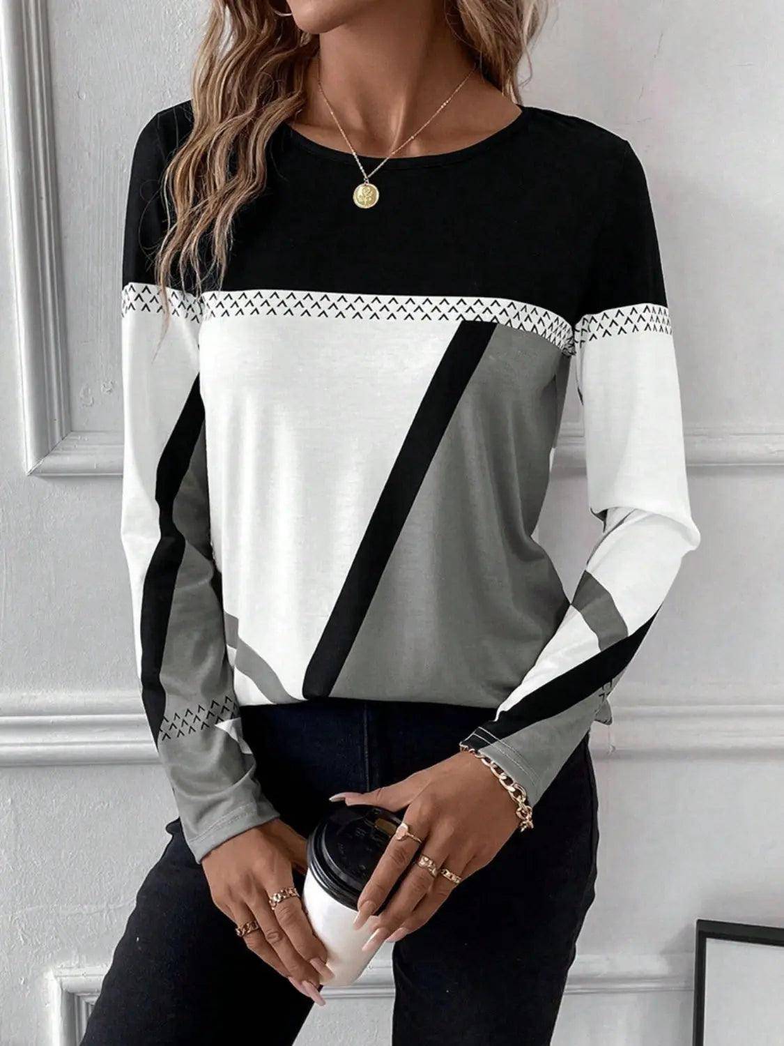 Contrast Round Neck Long Sleeve T-Shirt - Urban Trend Fashion