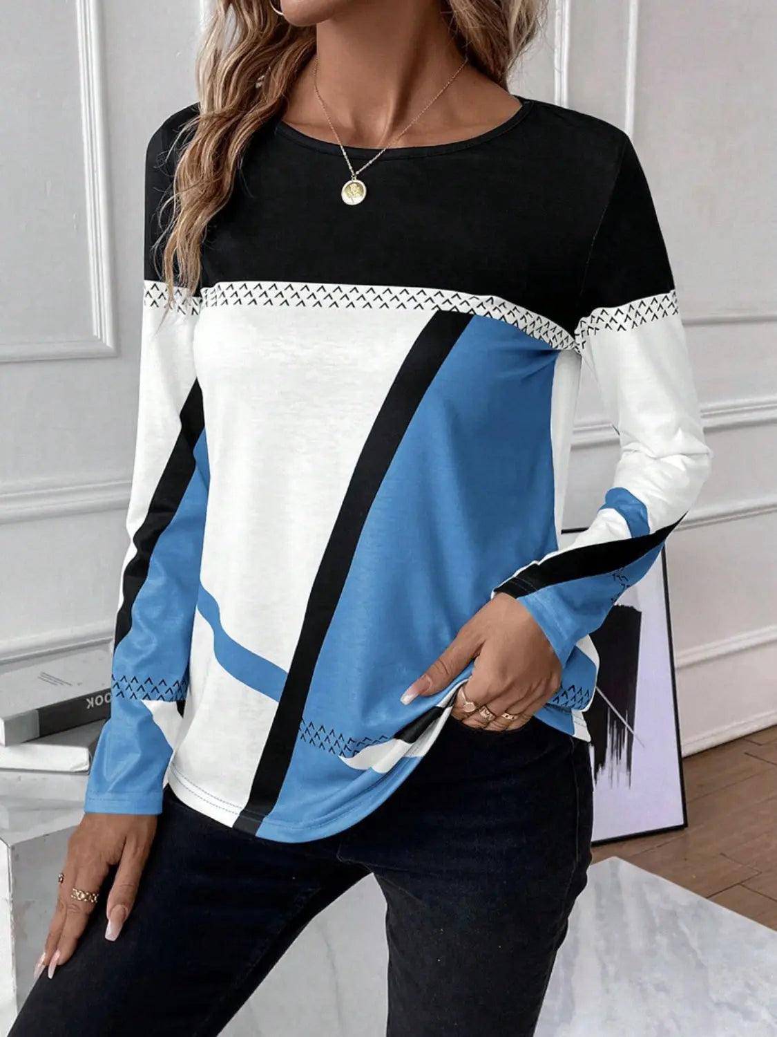 Contrast Round Neck Long Sleeve T-Shirt - Urban Trend Fashion