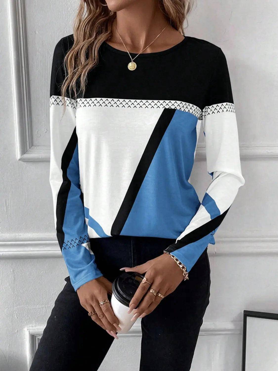 Contrast Round Neck Long Sleeve T-Shirt - Urban Trend Fashion