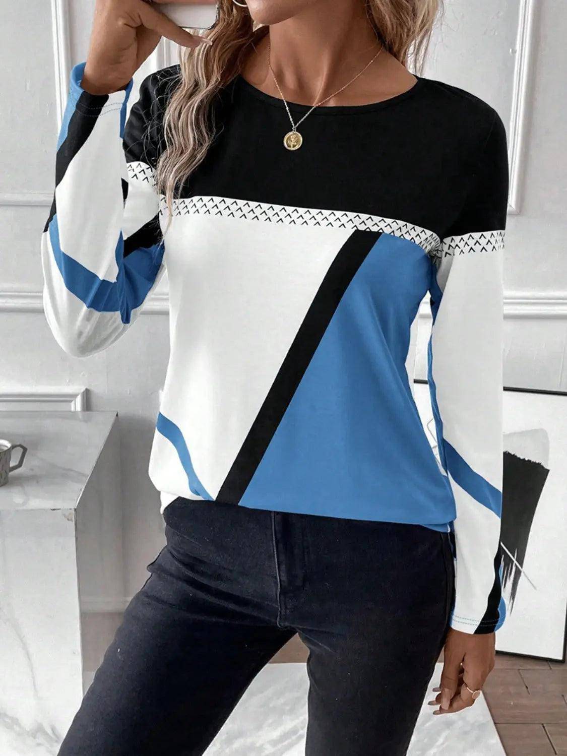 Contrast Round Neck Long Sleeve T-Shirt - Urban Trend Fashion