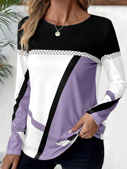 Contrast Round Neck Long Sleeve T-Shirt - Urban Trend Fashion