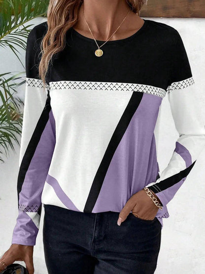 Contrast Round Neck Long Sleeve T-Shirt - Urban Trend Fashion