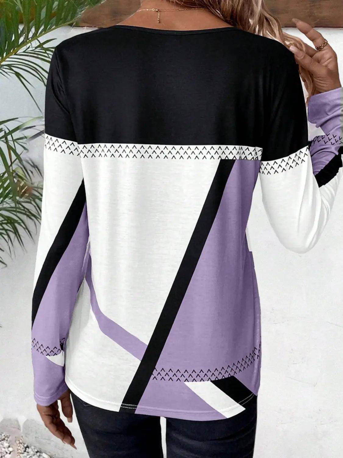 Contrast Round Neck Long Sleeve T-Shirt - Urban Trend Fashion