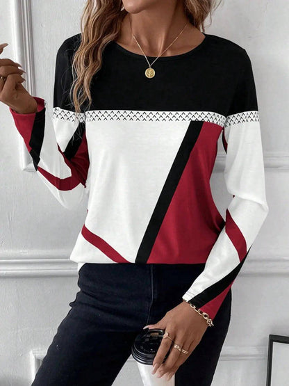 Contrast Round Neck Long Sleeve T-Shirt - Urban Trend Fashion