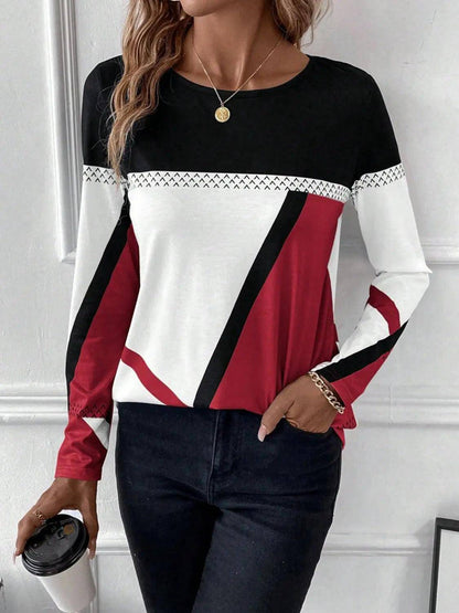 Contrast Round Neck Long Sleeve T-Shirt - Urban Trend Fashion