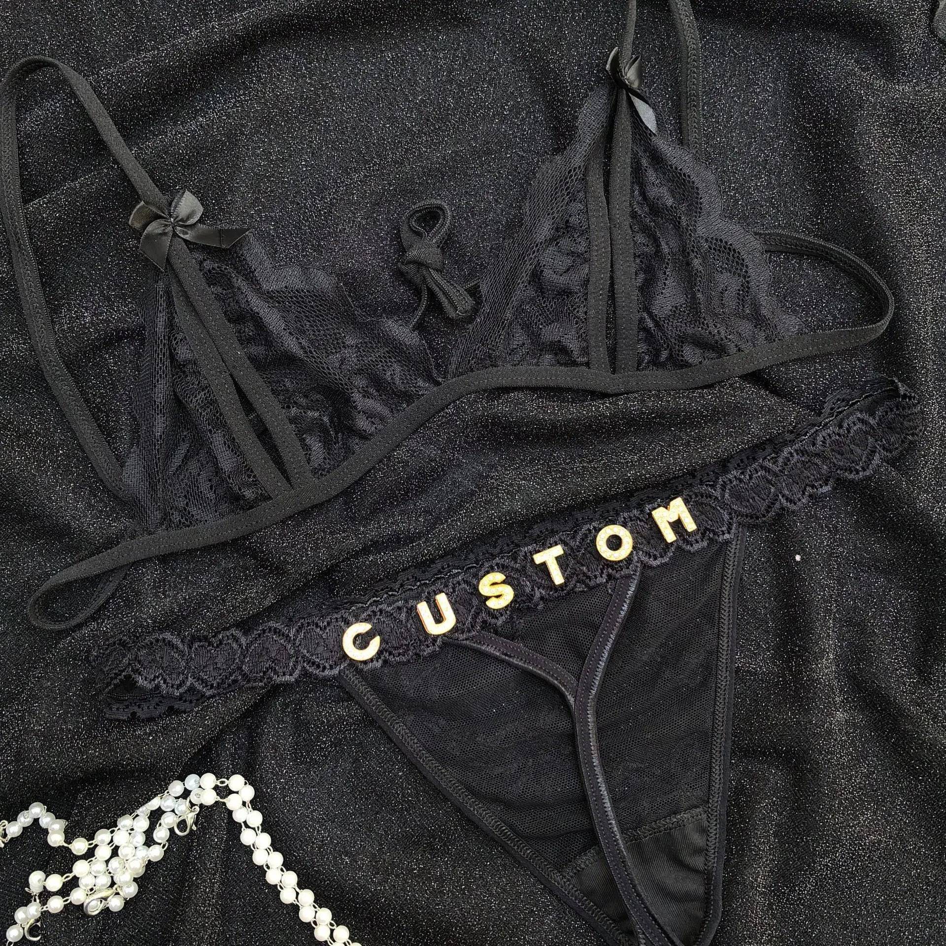 Custom Lingerie Set For Women Thong Panties Bra Set With Name Rhinestone Customized Thongs Personalized G-String Jewelry Gift - Urban Trend Fashion