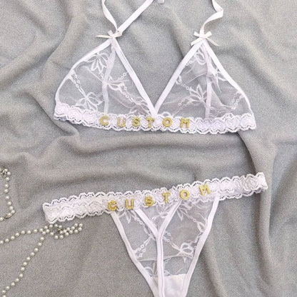 Custom Lingerie Set For Women Thong Panties Bra Set With Name Rhinestone Customized Thongs Personalized G-String Jewelry Gift - Urban Trend Fashion