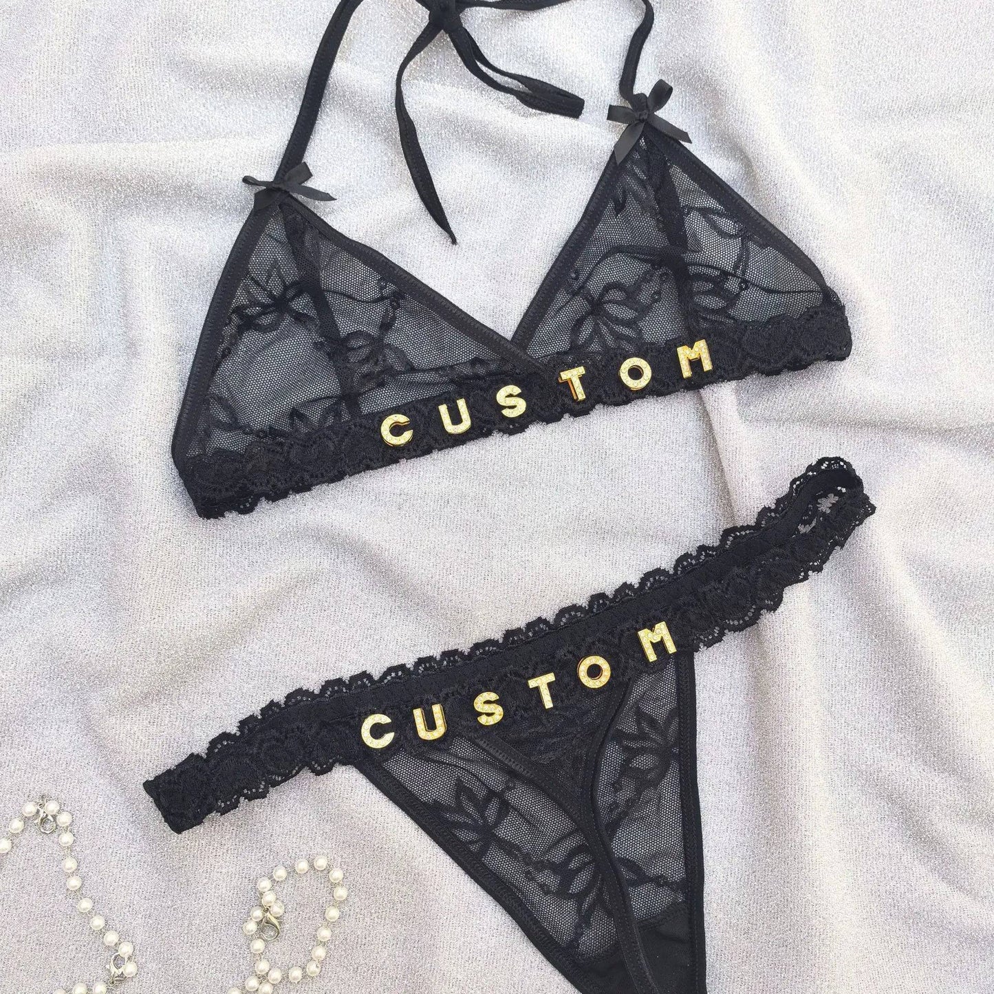 Custom Lingerie Set For Women Thong Panties Bra Set With Name Rhinestone Customized Thongs Personalized G-String Jewelry Gift - Urban Trend Fashion