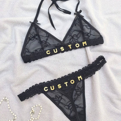 Custom Lingerie Set For Women Thong Panties Bra Set With Name Rhinestone Customized Thongs Personalized G-String Jewelry Gift - Urban Trend Fashion