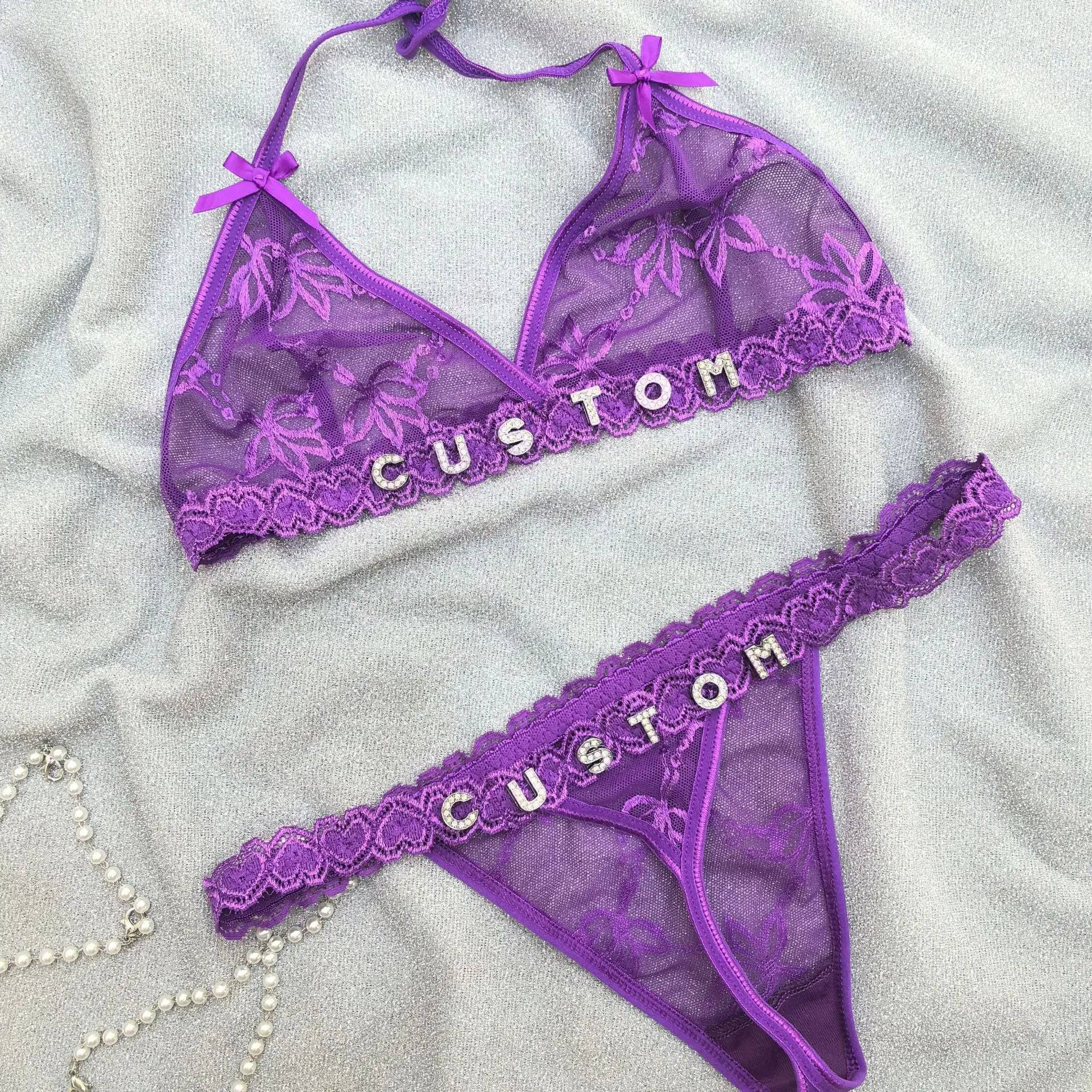 Custom Lingerie Set For Women Thong Panties Bra Set With Name Rhinestone Customized Thongs Personalized G-String Jewelry Gift - Urban Trend Fashion