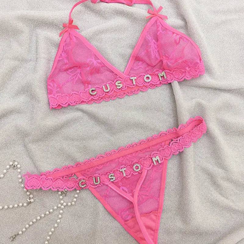 Custom Lingerie Set For Women Thong Panties Bra Set With Name Rhinestone Customized Thongs Personalized G-String Jewelry Gift - Urban Trend Fashion