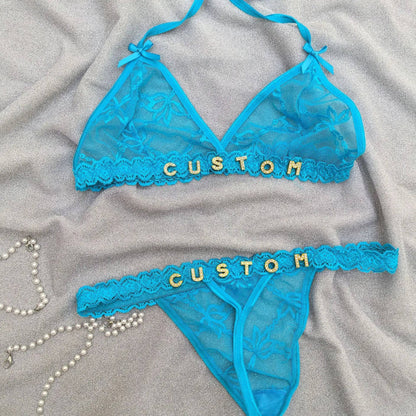 Custom Lingerie Set For Women Thong Panties Bra Set With Name Rhinestone Customized Thongs Personalized G-String Jewelry Gift - Urban Trend Fashion