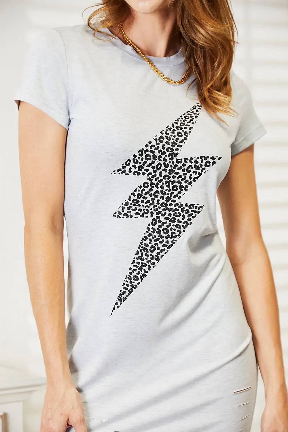 Double Take Leopard Lightning Graphic Tee Dress - Urban Trend Fashion